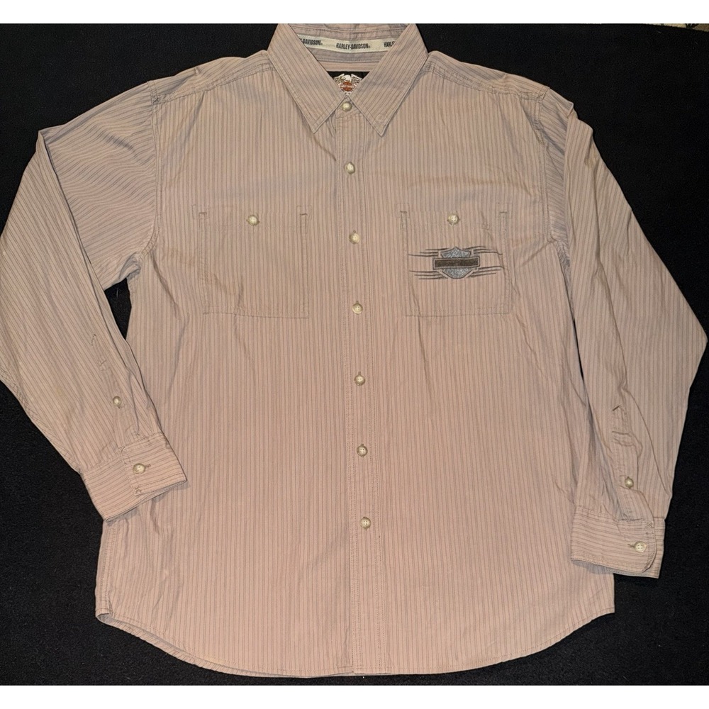 Harley Davidson Button Up Shirt Brown Black Stripe Embroidered Mens Large